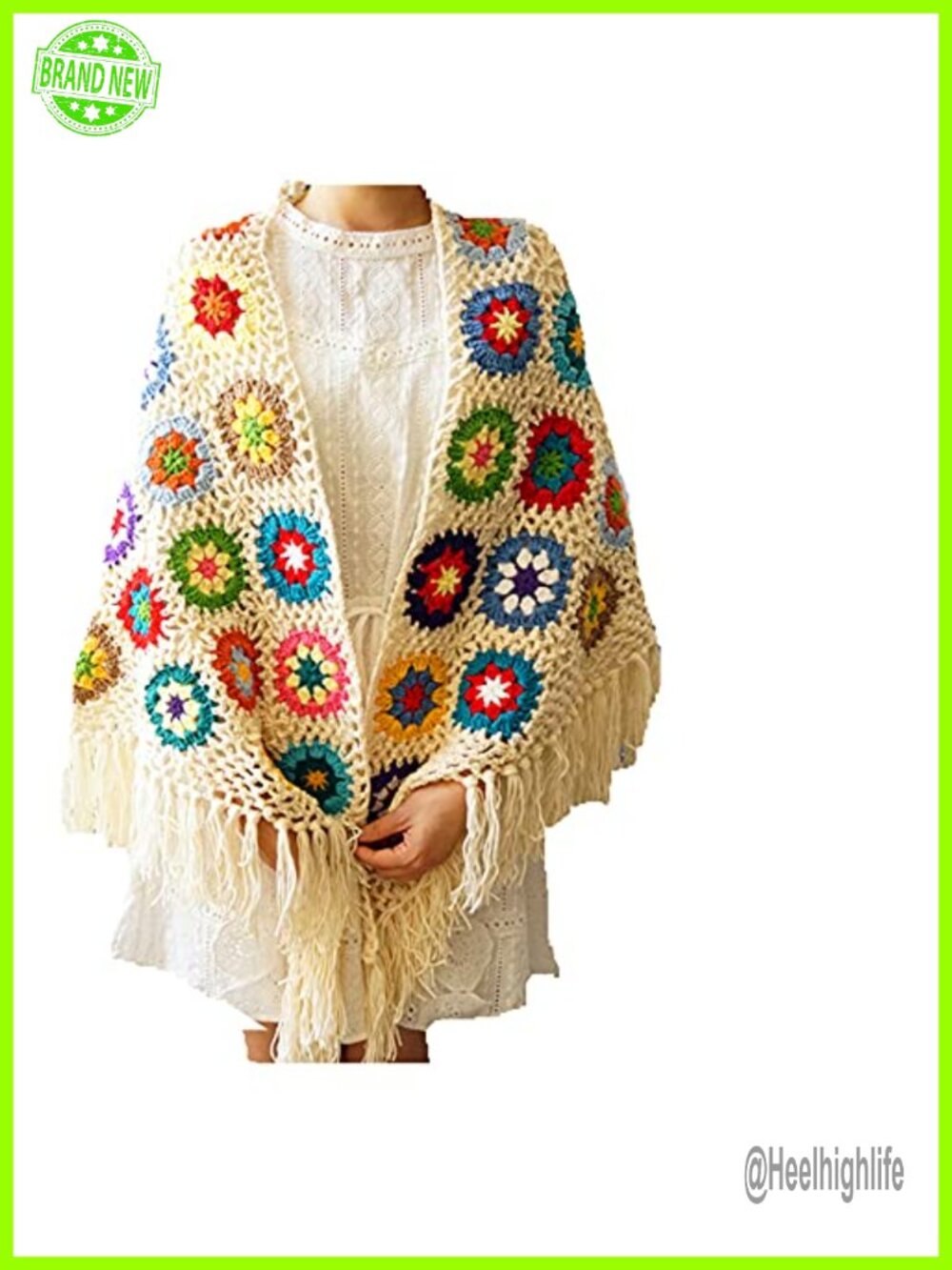 Hand Crochet Granny Square Fringed Poncho Cape Wrap Shawl